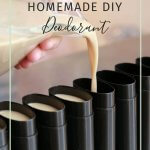 Jess pouring homemade deodorant into a row of black deodorant tubes with Pinterest text overlay on photo.